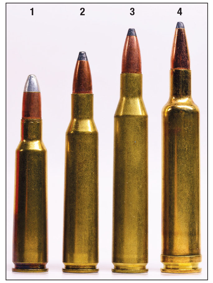 A size comparison of the .25s: (1) 250 Savage, (2) 257 Roberts, (3) 25-06 Remington and (4) 257 Weatherby.